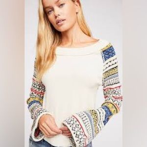 Free People Cream Fairground Thermal Sweater Top Size Small